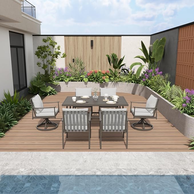7-Piece Outdoor Dining Set for 6, Aluminum Dining Set with Cushions, 4 Dining Chair and 2 Swivel Chairs with Rope Backrest, Large Rectangular Table with Umbrella Hole for Lawn Porch Yard,Grey