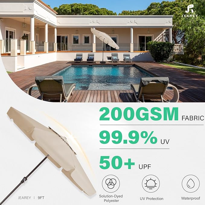 JEAREY 9' 2-Tiers Patio Umbrellas Outdoor Market Table Umbrella w/Push Button Tilt/Crank, 8 Sturdy Ribs, UV Protection Waterproof Sunproof(Beige)