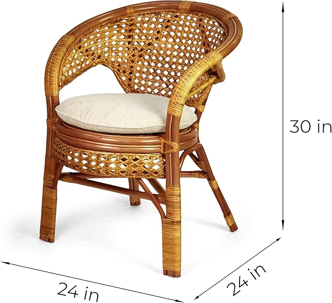3 Pcs Pelangi Rattan Wicker Dining Set Round Table Glass Top and 2 Arm Chairs with Cream Cushion, Colonial Color