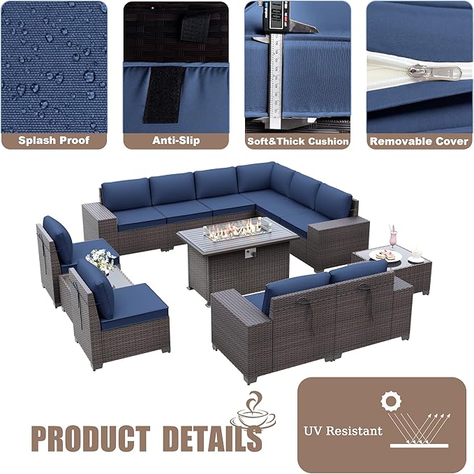 Patio Furniture Sectional Sofa Set 13PCS PE Rattan Patio Conversation Set w/43in Gas Fire Pit Table, Outdoor Furniture with 55000 BTU Propane Fire Pit, Navy Blue