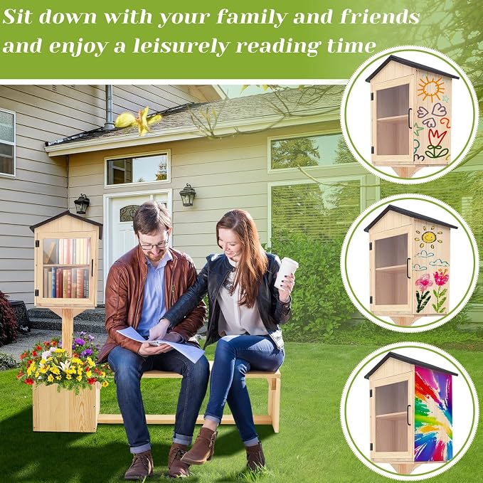 Wonderjune 3-in-1 Little Library Box Outdoor with Bench & Planter DIY Paintable Lending Free Library Pine Wood Neighborhood Share Box Ground Mount Kit for Yard Garden Community School(Wood)