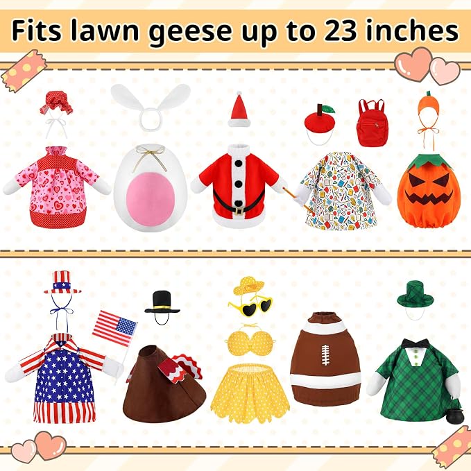 Booson 10 Pack Holiday Porch Goose Outfits 23 Inch | Christmas Valentine St. Patrick 4th of July Halloween Football Back to School All Seasons Theme for Lawn Patio Yard Decor