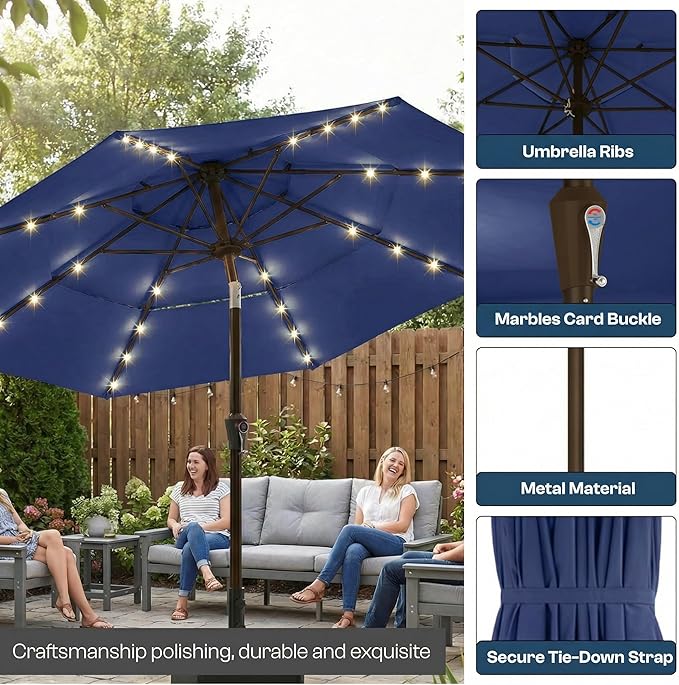 10ft 3-Tier Patio Umbrella with 32 Solar Powered LED Lights, Windproof Outdoor Market Umbrella for Deck, Poolside & Garden, Sturdy Push-Button Tilt Table Umbrella, Navy Blue