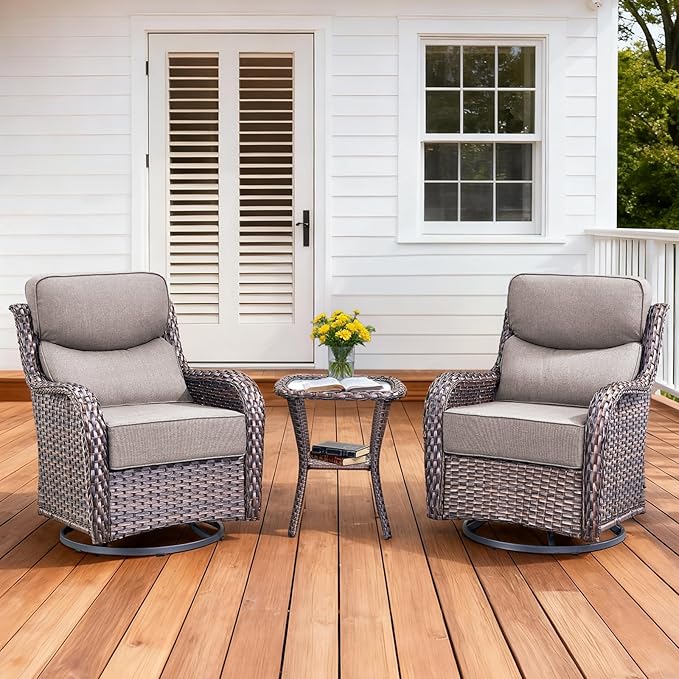Luxury Outdoor Swivel Rocker Patio Chairs Set of 3, High Back Swivel Patio Chairs with Side Table & 6-Inch Thick Cushions, Wicker Outdoor Bistro Set for Porch, Yard, Deck, Poolside, Brown/Grey