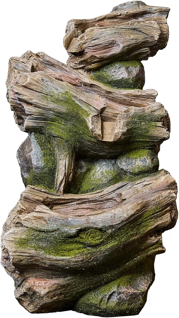 20-Inch Outdoor Water Fountain, 3-Tier Cascading Faux Wood Tree Trunk Resin Waterfall Fountain with 3 Warm LED Lights, Water Feature Decor for Garden, Yard, Patio, Deck, Porch or Lawn in Gray