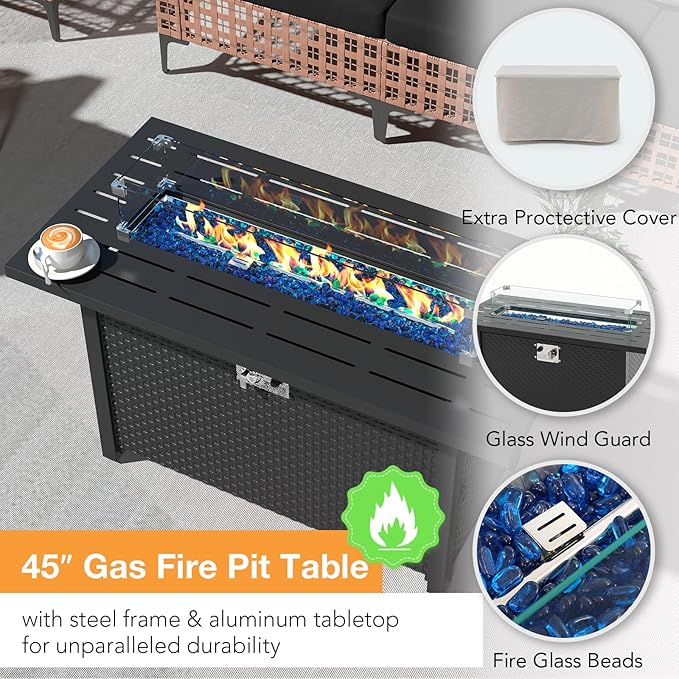 Patiorama 8 Piece Wicker Patio Furniture Set with 45” Fire Pit Table,Natural-Colored PE Rattan Outdoor Sectional Sofa, 50000 BTU Propane Fire Pit w/Wind Guard,Cover,Water Resistant Cushion-Black
