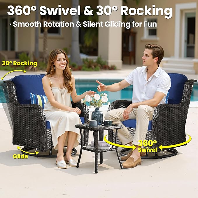 ovios 9-Piece Patio Furniture Set with Swivel Chairs Coffee Table, Outdoor Wicker Sofa with Comfy Cushions, High Back Couch Modern Conversation Sets, Brown/Navy Blue