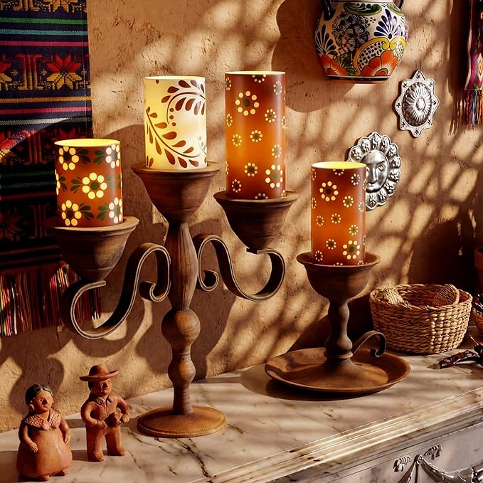 Baquler 3 Pcs Cielito Lindo Mexican Barro Flameless Candles with Remote Timer Battery Operated LED Flickering Pillar Platos De Barro Mexican Home Decor Talavera Decor Mexico Gifts Holiday Decorations