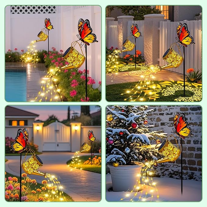 Solar Lights Outdoor Decorative, Watering Can with Cascading Lights on Butterfly Shepherd's Hook, Solar Garden Stake Decor for Yard Pathway,Gift for Women Mom (2pcs-Butterfly Garden Stakes)