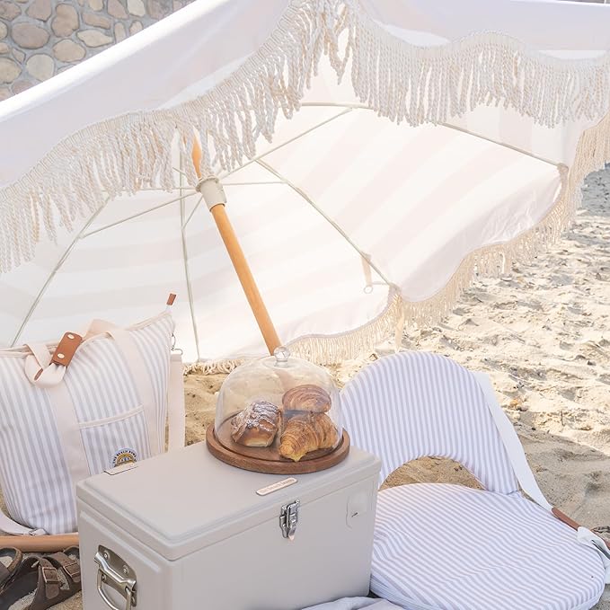 Beach Umbrella for Sand with Fringe – Luxury Boho Outdoor Umbrella for Beach, Pool, Garden, UPF 50+ Wood Shaft Metal Fittings Round with Carry Bag From