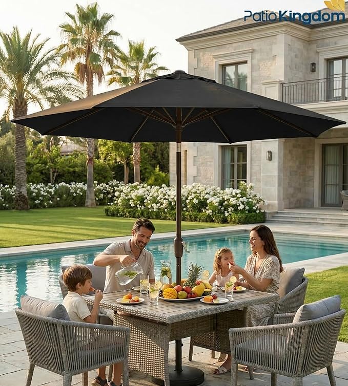 PatioKingdom 9FT Patio Outdoor Umbrella-UPF 50+ Sun Shade with Wind Vent, Push-Button Tilt & Smooth Crank Lift, Rust-Resistant Fiberglass Frame for Garden, Backyard,Yard (Black)