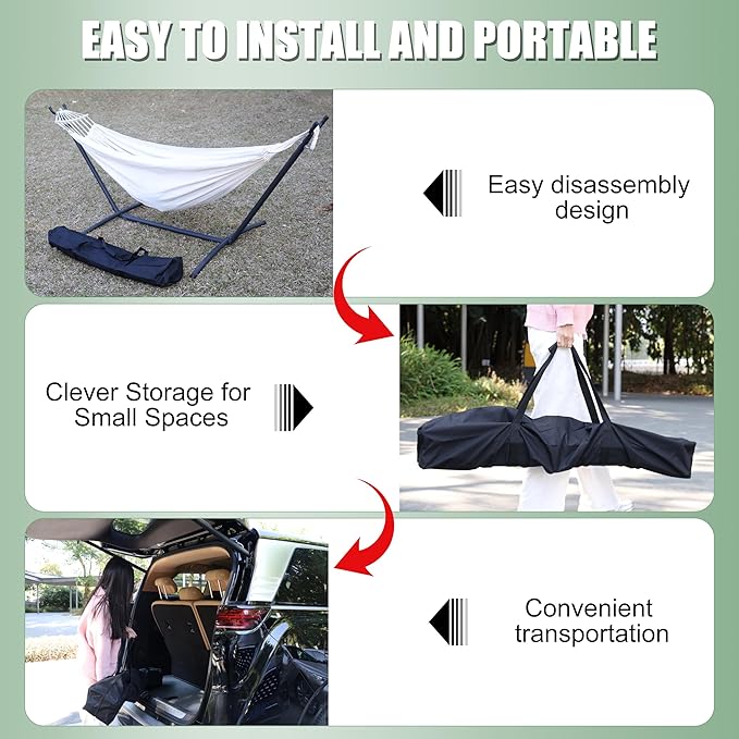 2 Person Hammock with Stand for Indoor & Outdoor, 550lbs Sturdy Steel Frame - Anti-Flip Curved Bars Safety - Comfortable Cotton Portable Hammock for Patio, Sunroom, Bedroom, Natural Beige