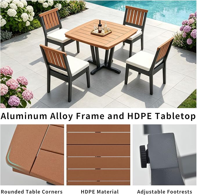 Patio Dining Set for 4, 5-Piece Square Outdoor Dining Set with 4 HDPE Patio Armless Chairs with Cushion and a 42“ Square Outdoor Dining Table, Luxurious Two-Tone Finish for Poolside or Backyard Use