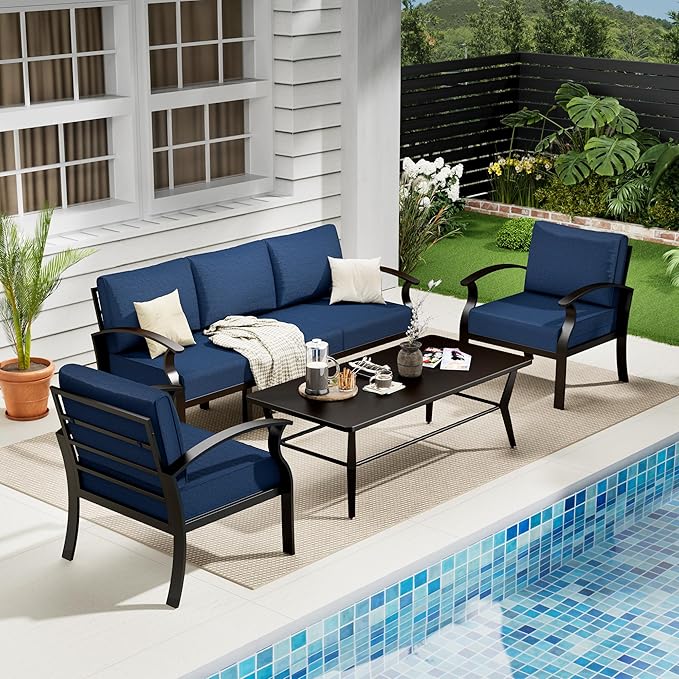 Aluminum Outdoor Patio Conversation Furniture Set,5 Seats Metal Modern Outdoor Furniture with Coffee Table & Washable 5.1" Thick Cushions,Patio Sectional for Backyard,Patio,Navy