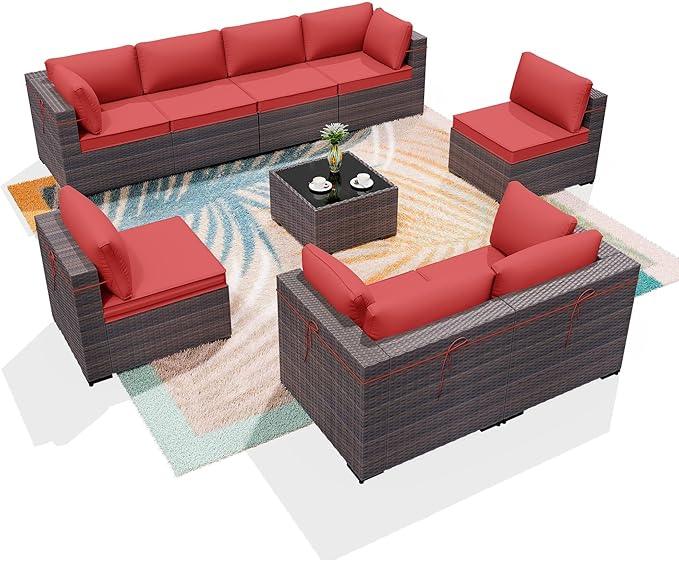 ALAULM 9 Pieces Patio Furniture Set Wicker Patio Conversation Set with 4 Corner Sofas, Outdoor Sectional Furniture w/Coffee Table & Washable Seat Cushions-Red
