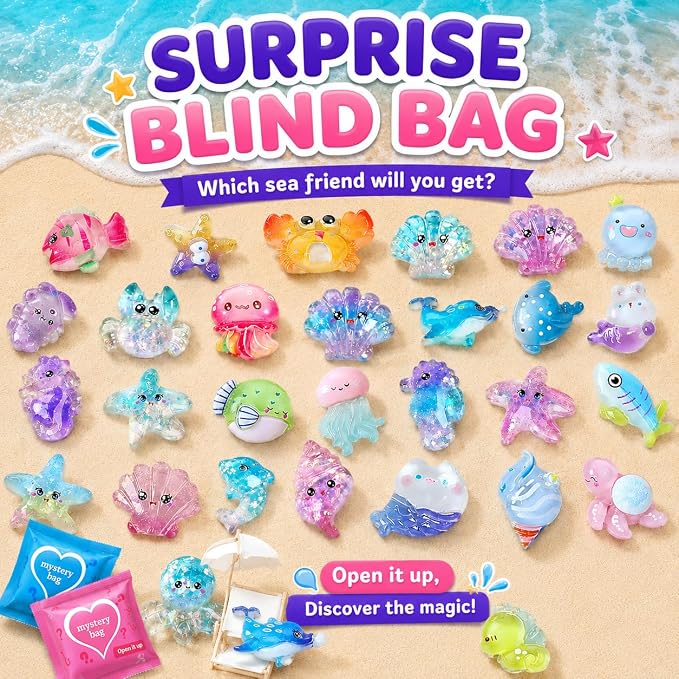 100PCS Ocean Mystery Blind Bags Mini Resin Animals, Cute Sea Creature Blind Box Surprise Toys, Tiny Figures for Kids Ocean Animal Collectibles for Party Favors DIY Crafts Phone Decor Classroom Prize