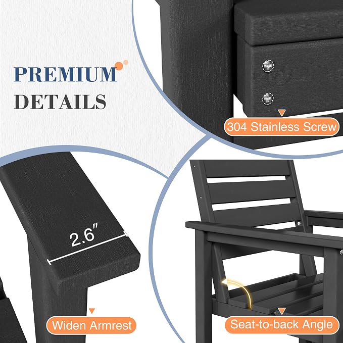 UDPATIO HDPE Outdoor Dining Chair Set Patio Furniture Heavy Duty | Seating Extra-Wide Easy to Assembly All-Weather for Pool Garden Backyard Indoor Kitchen Grey Black