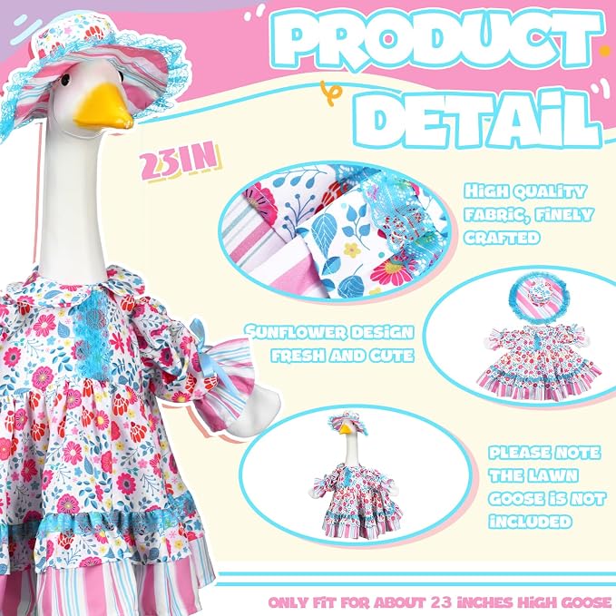 Soulchen 1 Set Summer Flower Porch Goose Outfit 23 Inch Wildflower Floral Cement Goose Clothes Dress and Hat Geese Costume Set for Summer Lawn Garden Yard Decor
