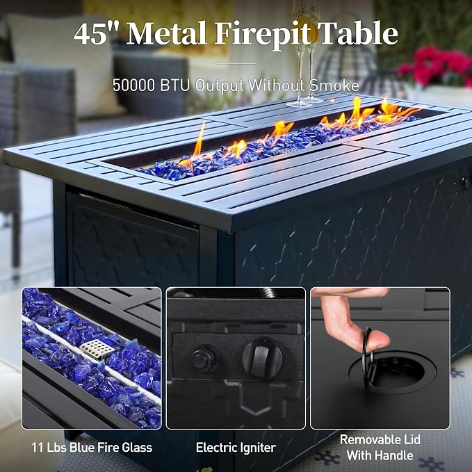 SUNSHINE VALLEY 6 Piece Metal Outdoor Patio Furniture Set with Firepit Table, Patio Conversation Set 1 3-seater Sofa, 2 Swivel Chair, 2 Ottoman with 5.75" Thick Cushion, Black Backyard Furniture, Navy