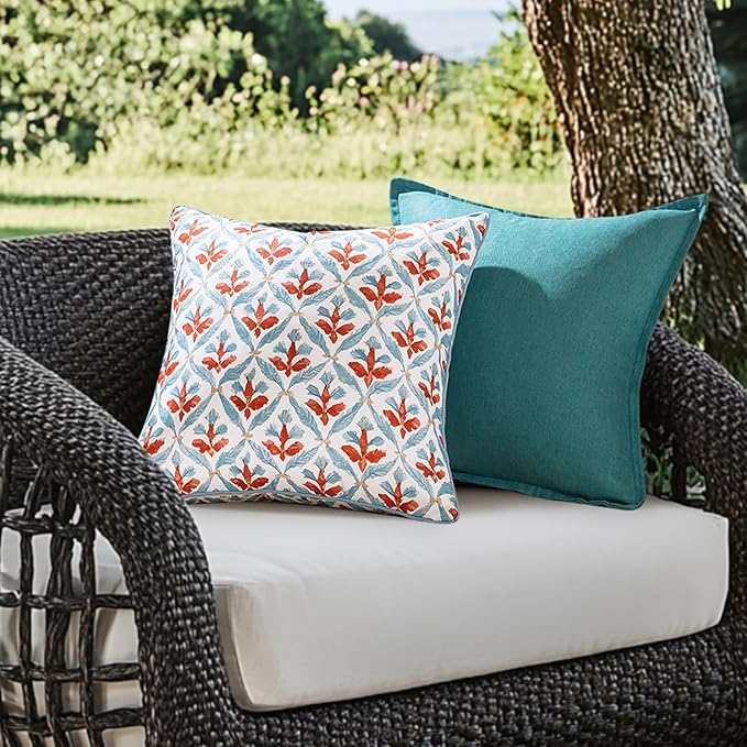 MIULEE Floral Decorative Pillow Covers Set of 2,Block Print Throw Pillowcases Outdoor Boho Farmhouse Vintage Coastal Summer Accent Cushion Covers for Couch paito Garden Sofa Bed 18x18 Inch, Blue-Rust