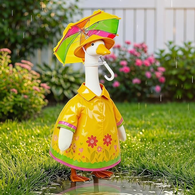 Funny 3-Piece Raincoat Porch Goose Outfits, Yellow Floral Raincoat, Rainbow Umbrella & Sun Hat, Lawn Goose Costume Set for 23" Statue, Summer Yard Goose Clothes Set, Outdoor Patio Garden Decoration