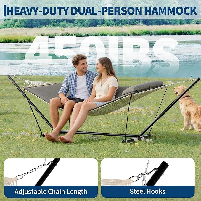 Double Hammock with Stand Curved-Bar Hammock, 450LBS Capacity, 2 Person Large Hammock, Indoor and Outdoor Hammock, Perfect for Backyard Patio Beach