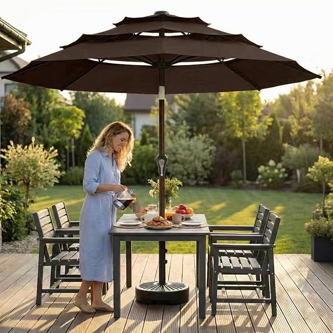 10FT Patio Umbrella 3 Tiers with LED Light Outdoor Market Umbrella w/Push Button Tilt, Crank, UV and Waterproof Table Umbrella for Garden, Pool, Backyard, Deck, Lawn, Brown
