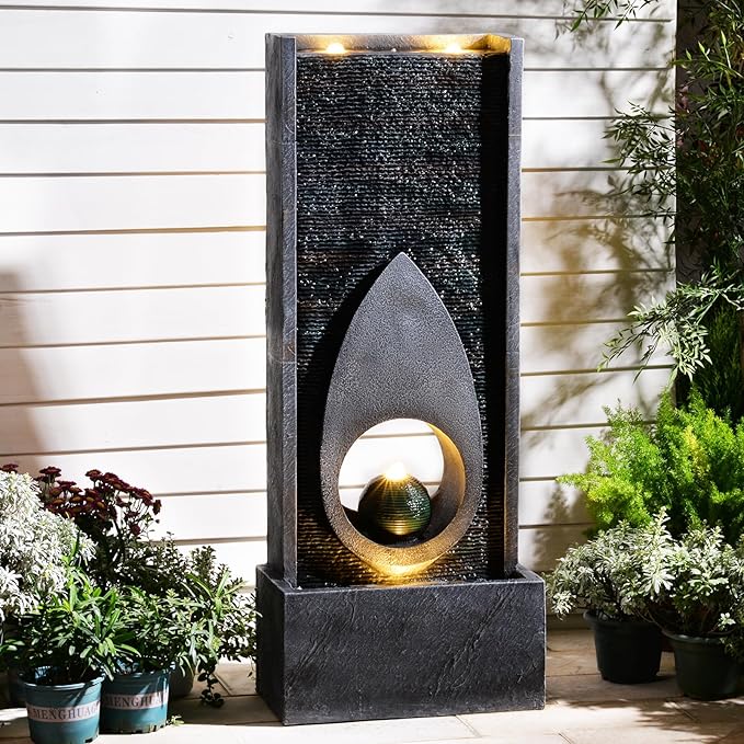 46.5’’Tall Modern Water Fountain Indoor Outdoor Waterfall Feature Floor Standing with Sphere and LED Lights for Garden, Yard, Patio, Deck, Porch, Livingroom Decor