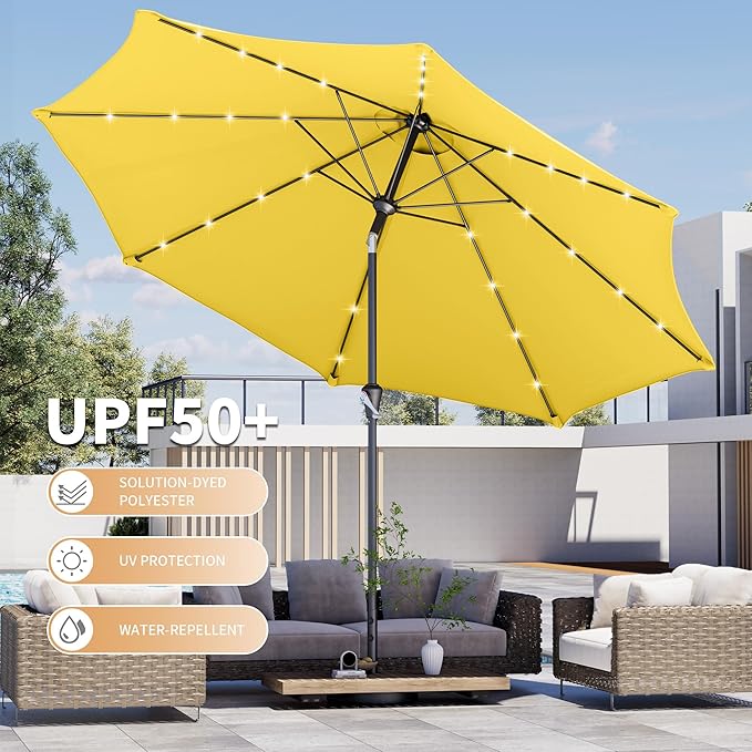 Kingdura 10FT Outdoor Patio Umbrella with Solar Lights, Market Table Umbrella with Push Button Tilt & Crank, 8 Sturdy Ribs, 32 LED Lights, UV Protection for Garden Lawn Deck Backyard Pool (Yellow)