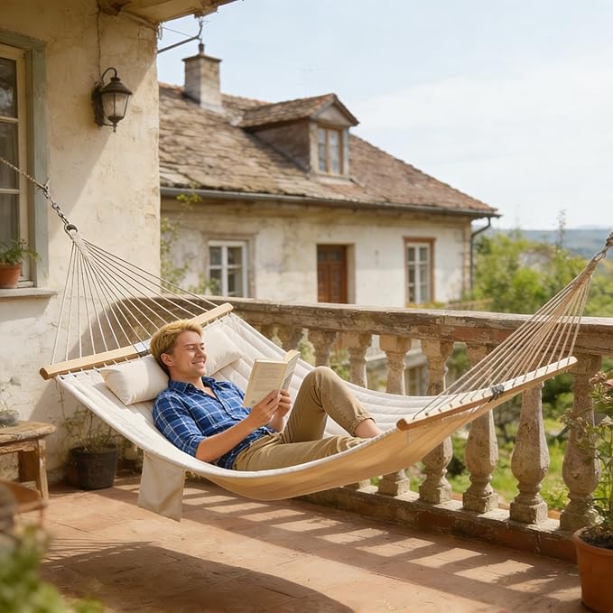 2-Person Tree Hammock Outdoor, Portable Double Hammock Without Stand, Detachable Headrest Magazine Pocket, 450 lbs Capacity, Camping Patio Backyard Indoor Outdoor Hammock Bed (Cream White)