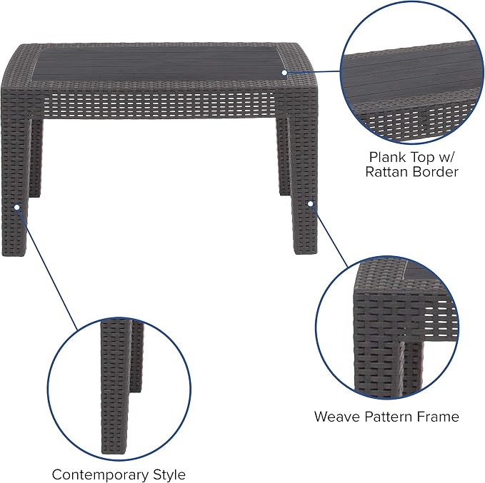 Merrick Lane Malmok Outdoor Furniture Patio Table - Dark Gray Faux Rattan Wicker Pattern Coffee Table - All-Weather Use - Wood Plank Top Design