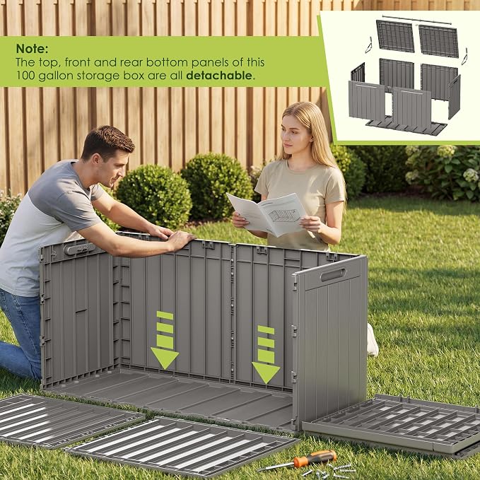 Devoko 100 Gallon Outdoor Storage Box, Waterproof Resin Deck Box for Patio Furniture, Lockable Container for Garden Cushions & Pool Supplies (Light Brown, 100 Gallon)