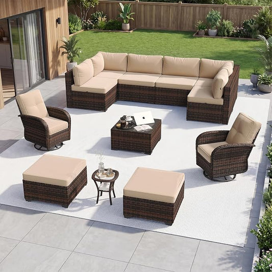Aoxun 12 Piece Outdoor Patio Furniture Set with Coffee Table, Wicker Rattan Outdoor Furniture with High Back Swivel Rocker Chairs, Outdoor Conversation Set with Thick Cushion & Ottoman, Beige