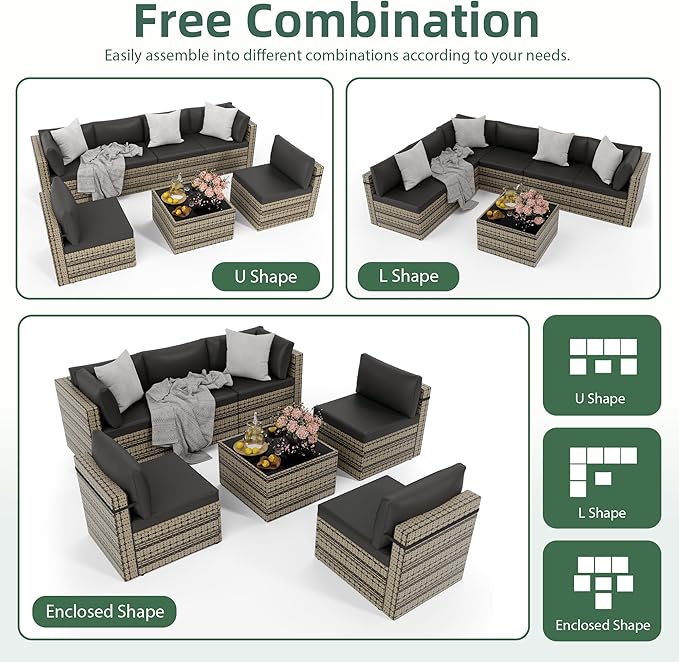 7-Piece Outdoor Sectional Sofa Set, Weather-Resistant Patio Furniture Set with Washable Cushions and Coffee Table, Brown Rattan Patio Conversation Set for Poolside, Backyard, Deck (Black)