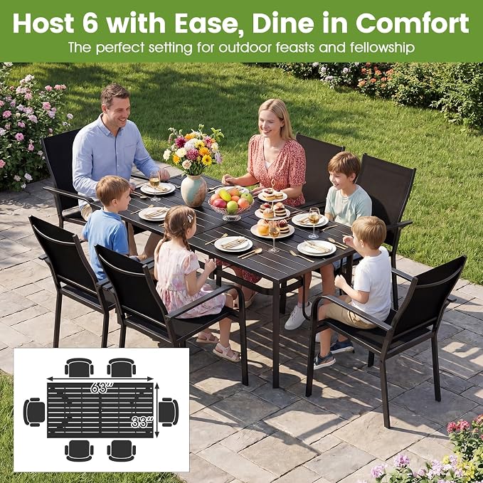 Tangkula 7 Pieces Patio Dining Set for 6, 63” x 33” Outdoor Rectangle Metal Table with Umbrella Hole & 6 Stackable Breathable Mesh Armchairs, Outside Furniture Set for Backyard, Garden & Porch (Black)