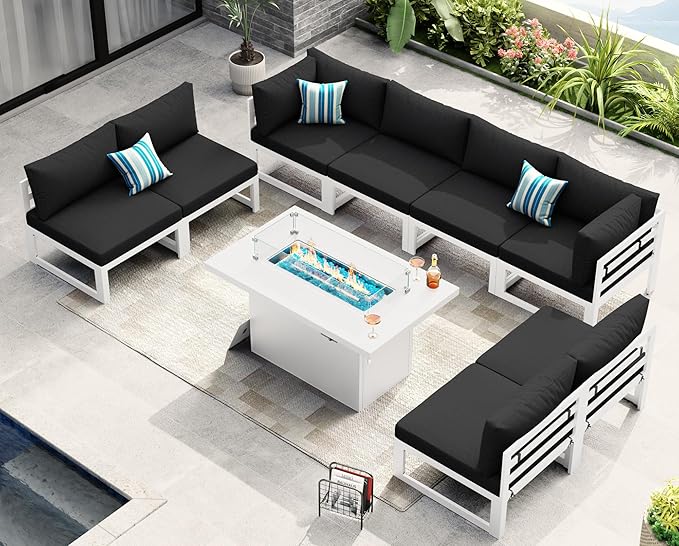 NICESOUL 8 People Large Luxury Aluminum Patio Conversation Set with Fire Pit Table Propane/Gas, 29" Deep Wide U Shaped Sectional Couch, 500 lbs Heavy Duty All Weather Outdoor Sofa for Backyard, Black