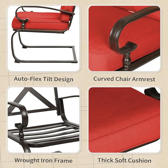 Oakcloud 7Pcs Metal Outdoor Furniture Patio Conversation Set (Loveseat, Coffee Table and Bistro Table, 2 Spring Chair, 2 Dining Chair) -Wrought Iron Patio Chair Set with Cushions (Red)