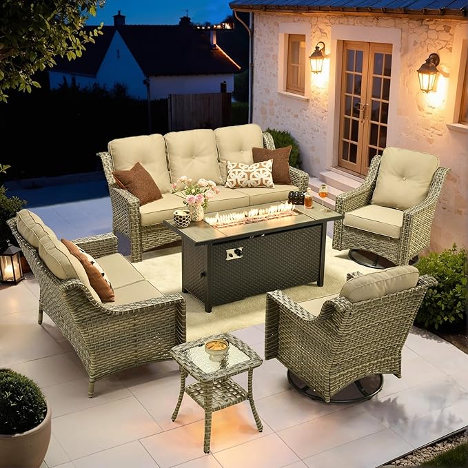 HOOOWOOO Patio Furniture Set,6 Pieces Wicker Outdoor Furniture,High Back Conversation Set with All Weather Resistant Fire Pit Table Couch Swivel Chairs,Beige Tan