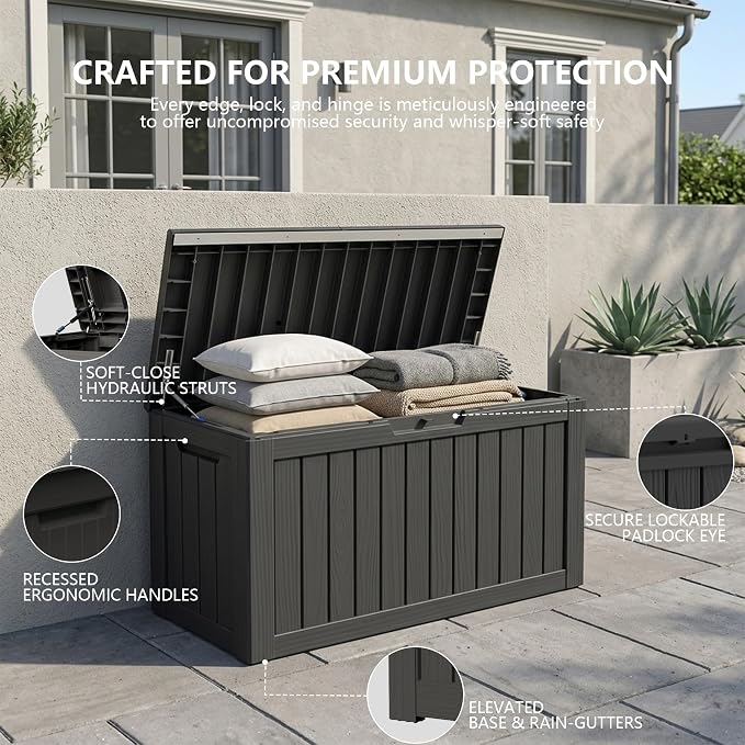 Outdoor Storage Box, 90 Gallon Waterproof Deck Box [Upgraded 3.0], Robust Weatherproof Organizer for Deep-Seat Cushions, Sports Equipment, Lockable Garden Tool Bench Seat, Side Yard, Black