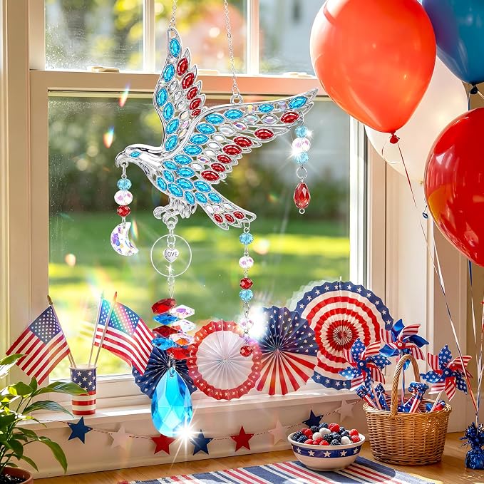 250th Anniversary USA Eagle Crystal Suncatcher, 4th of July Decorations for Home Garden Window Hanging, Red White and Blue American Flag Gifts for Women, Independence Day Patriotic Decor
