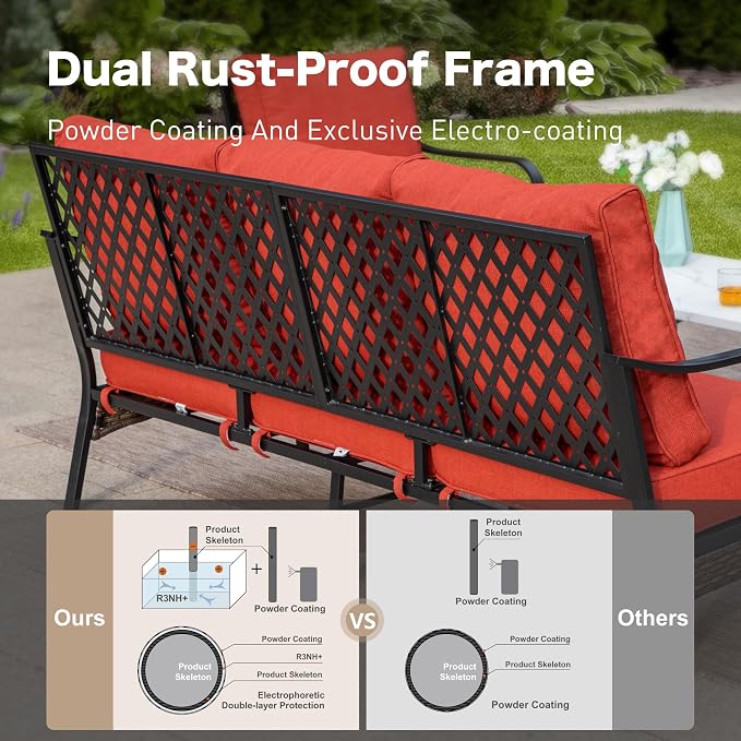 SUNSHINE VALLEY 5 Piece Metal Outdoor Patio Furniture Sets with Firepit Table, Patio Conversation Sets 1 3-Seater Sofa, 1 Loveseat, 2 Swivel Chair with 5.75" Cushion for Backyard Deck, Rust Red