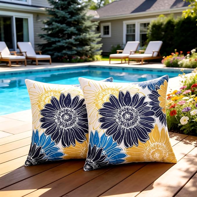Outdoor Pillow Covers Summer Waterproof Sunflower Throw Pillow Covers 20x20 Decorative Blue Yellow Floral Cushion Covers Square Garden Throw Pillowcase Set of 2 for Patio Furniture Tent Balcony Bench