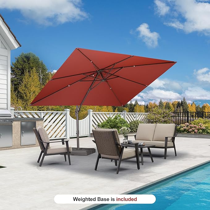 PURPLE LEAF 9' X 11.5' Rectangle Cantilever Umbrella with Base Patio Umbrella Outdoor Aluminum Antique Bronze Offset Hanging Umbrella with 360-degree Rotation for Pool Garden Backyard Deck, Brick Red