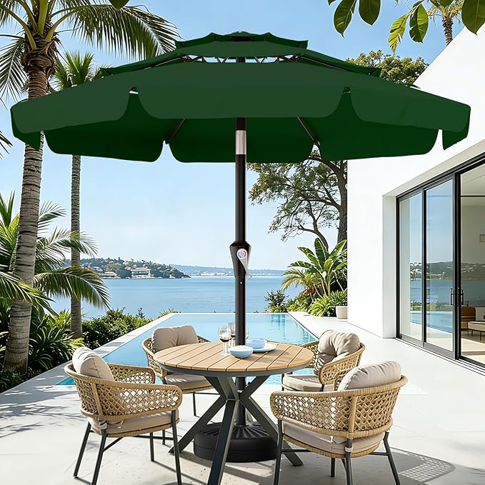 AreShark 9FT 3-Tiers Patio Umbrella with Valance, Outdoor Umbrellas with Crank/Tilt, Table Market Umbrella Vented w/ 8 Sturdy Ribs for Garden, Deck, Backyard, and Pool, Dark Green