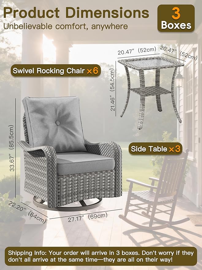 9-Piece Patio Furniture Set, Outdoor Swivel Rocking Chairs with 4" Thick Cushions & Side Table, All-Weather PE Rattan & Rust-Resistant Steel Frame Conversation Set for Porch, Garden, Backyard, Grey