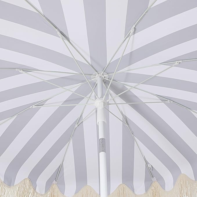 JONATHAN Y Mariner 6.5 ft. Beach Umbrella, Navy/White Striped with Fringe, Push-Button Tilt, UPF 50+ Sun Protection and Carrying Bag for Patio and Pool, White Pole UMB1003N