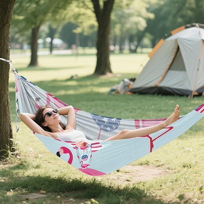 4th of July Independence Day Pink Flamingos 330lb Capacity Camping Hammock with Hanging Rope Backyard Hammock for Outside Beach Patio Garden hamacas para adultos