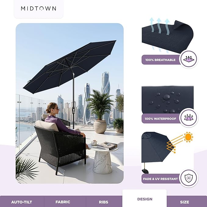 Midtown Umbrellas – The Swilt 10 Ft Patio Umbrella with 360° Swivel & Tilt Mechanism, Sunbrella Fabric & 8 Fiberglass Ribs – Outdoor Umbrella for Deck, Pool & Cafes – Canvas Navy Canopy, Black Pole