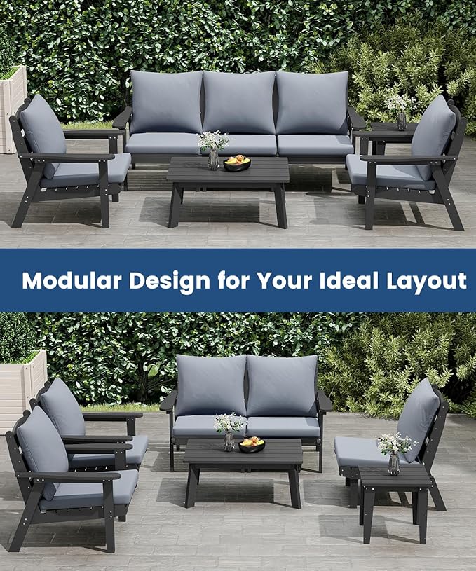 FOOWIN 7-Piece Patio Furniture Set, HDPE All-Weather Outdoor Conversation Set with Thick Cushions, Sectional Patio Sofa Furniture for Deck, Porch, Lawn, Garden, Grey Frame & Grey Cushion