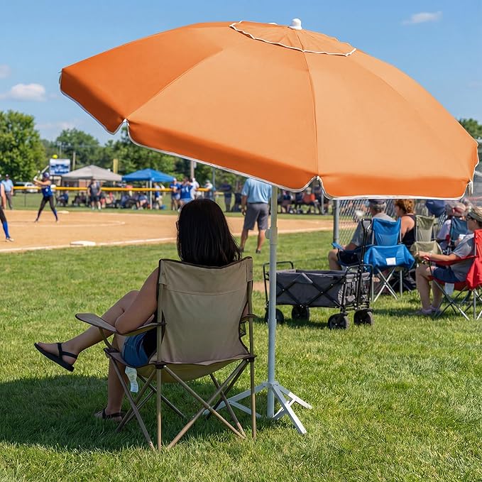 JEAREY 6.5ft Sun Shade Umbrellas, Portable Umbrella with Stand, Lightweight Sun Protection Free Standing Sport Umbrella for Outdoor Sports, Camping, Fishing, Patio, Beach, Sun Orange